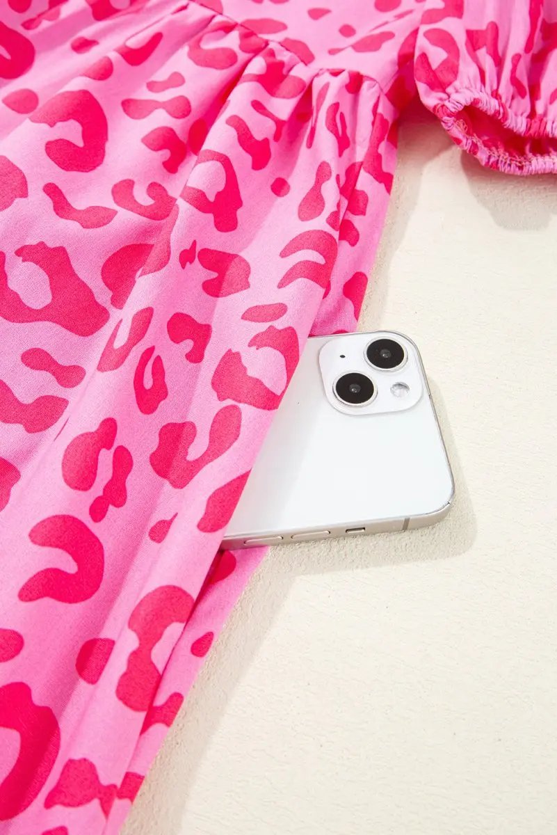 Rose Leopard Puff Sleeve Tie Front High Waist Mini Dress - Love Salve